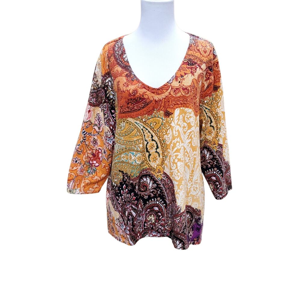 Chico's Sz 3 Blouse Top Paisley Orange Yellow V-neck 3/4 Sleeve Chicos XL 16